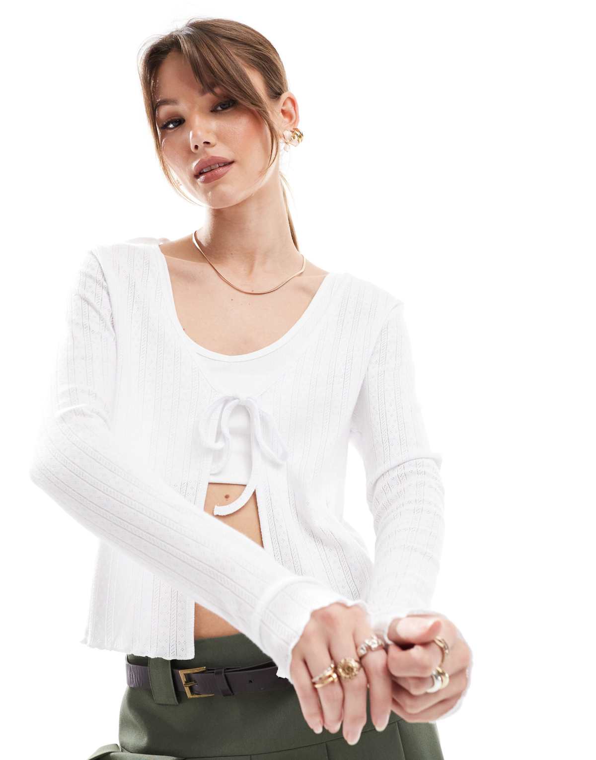 ONLY tie front pointelle cardigan in white