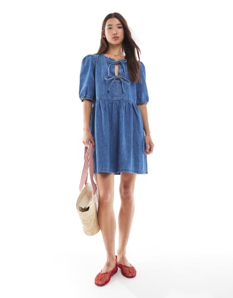 ONLY tie front puff sleeve denim mini dress in mid blue - view 1