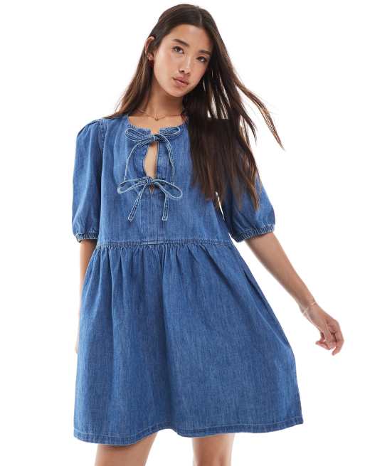 ONLY tie front puff sleeve denim mini dress in mid blue