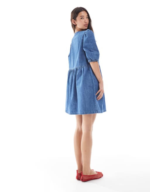 ONLY tie front puff sleeve denim mini dress in mid blue ASOS