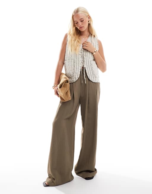 ONLY tie front quilted vest in beige stripe, 3 of 4