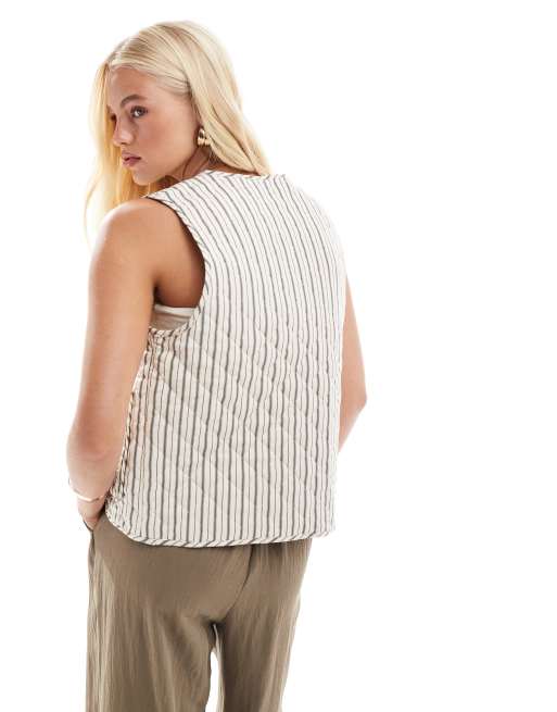 ONLY tie front quilted vest in beige stripe, 4 of 4