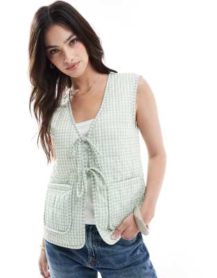 tie front quilted vest in sage gingham plaid-Green