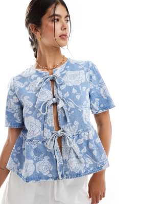 ONLY tie front rose lasered top in light wash denim | ASOS