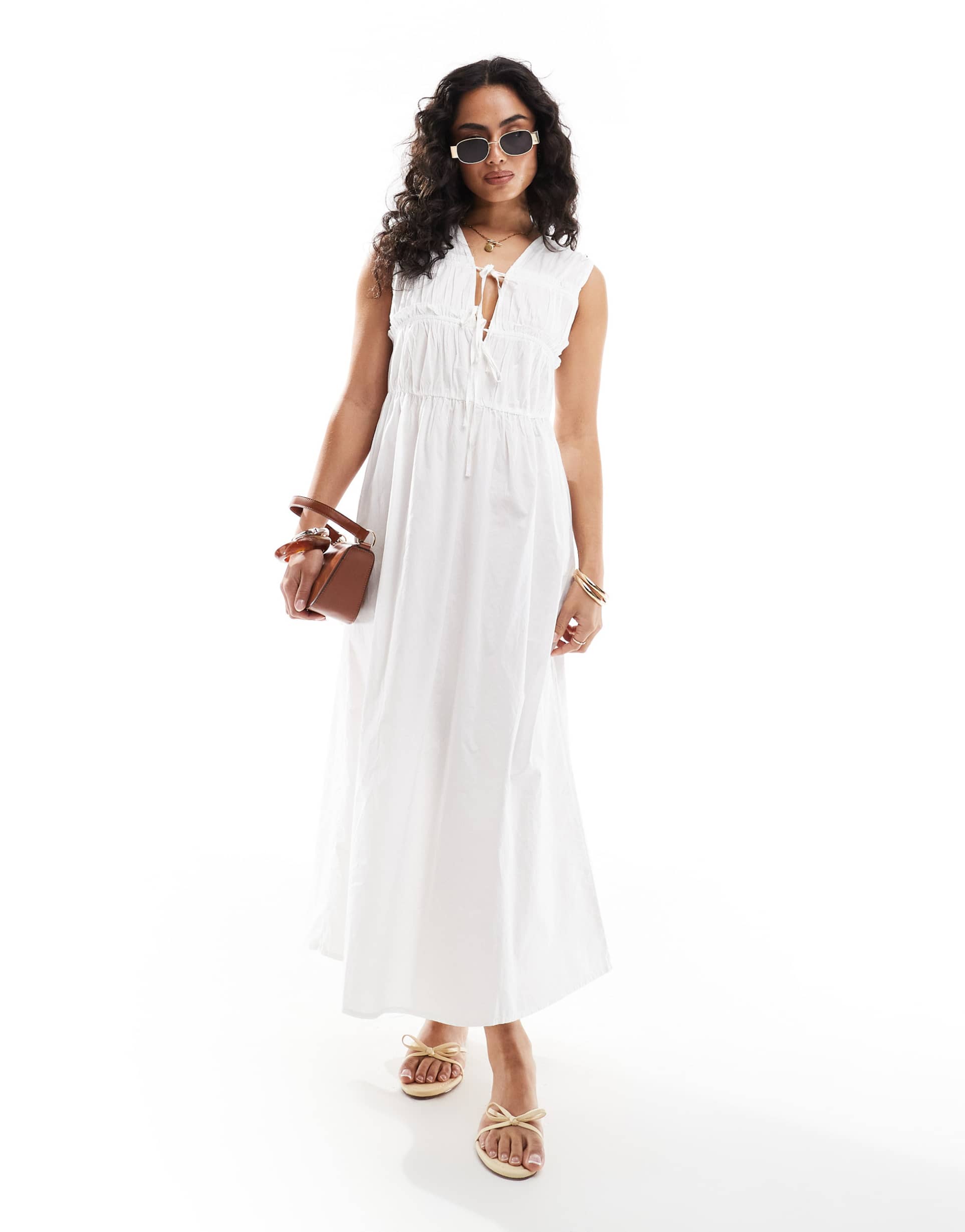 only tie front ruched midaxi dress in white