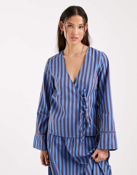 ONLY tie-front shirt in blue and chocolate stripe (Part of a set) - view 1