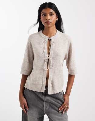Only Tie Front Short Sleeve Boxy Knit Top In Gray