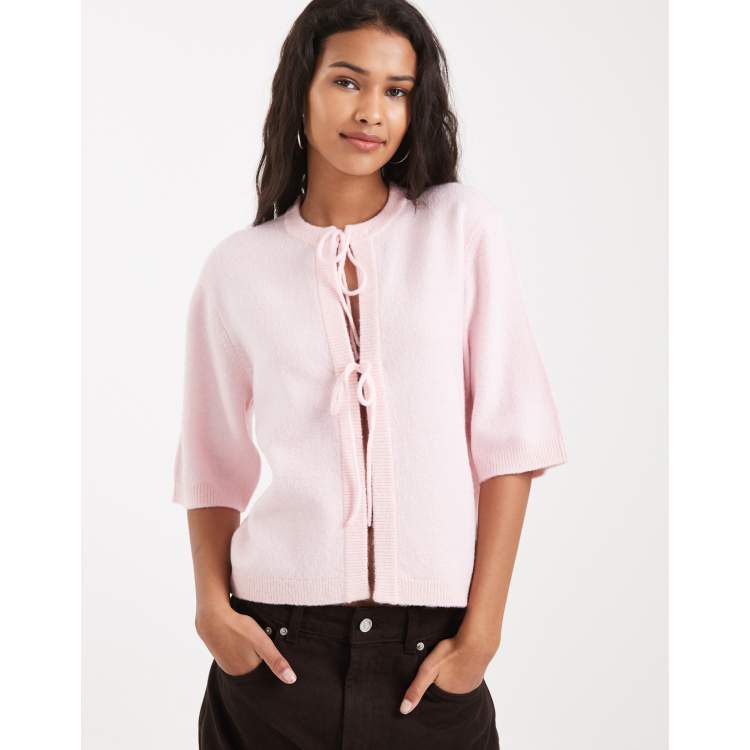ONLY tie front short sleeve boxy knit top in light pink | ASOS