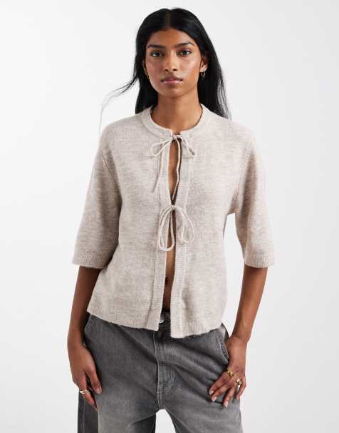 ONLY tie front short sleeve boxy knitted top in beige - view 1