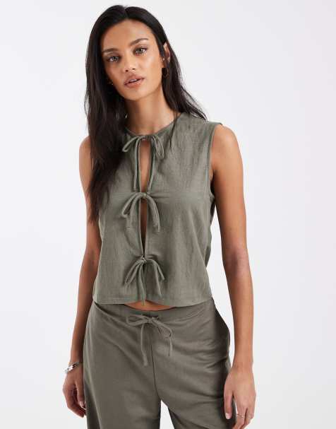 ONLY tie front sleeveless top co-ord in khaki - view 1