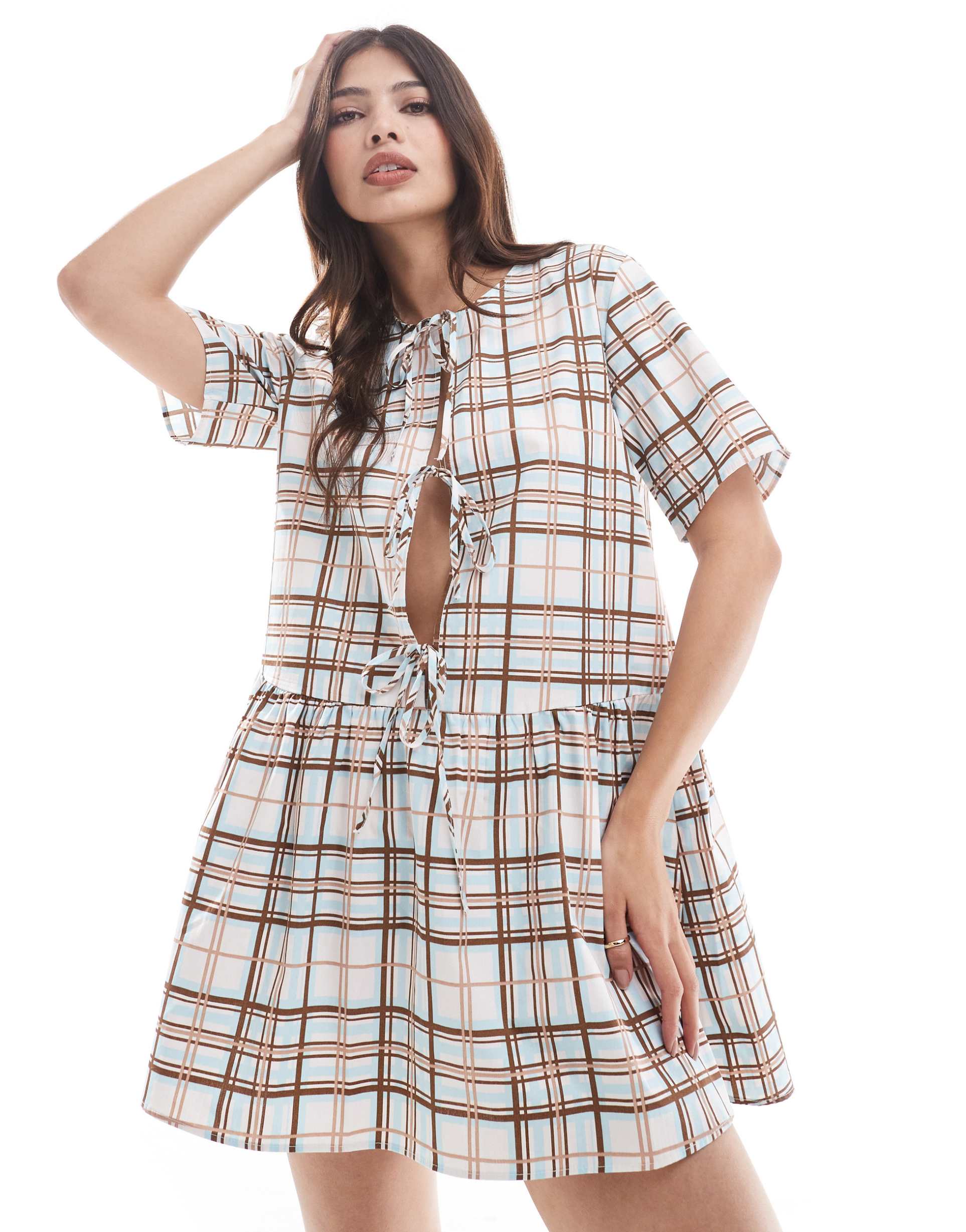 only tie front smock dress in gray check