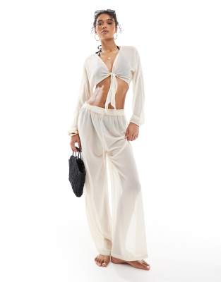 ONLY ONLY tie front top and trousers beach set in cream-White
