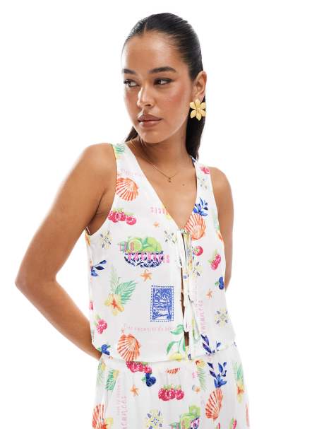 ONLY tie front top co-ord in postcard print - view 1