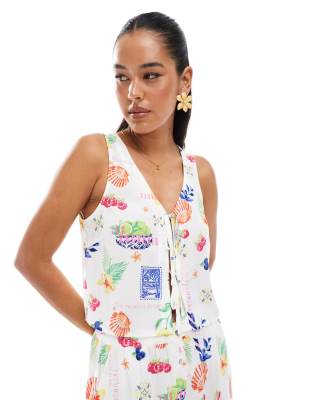 tie front top in postcard print - part of a set-White