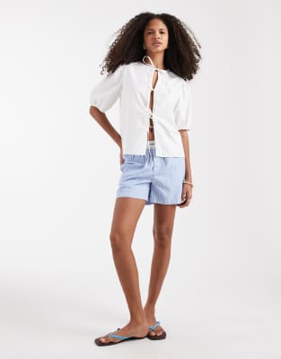 ONLY tie front top with puff sleeves in white