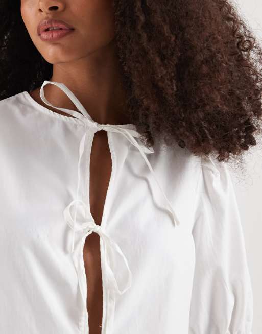 ONLY tie front top with puff sleeves in white, 3 of 4