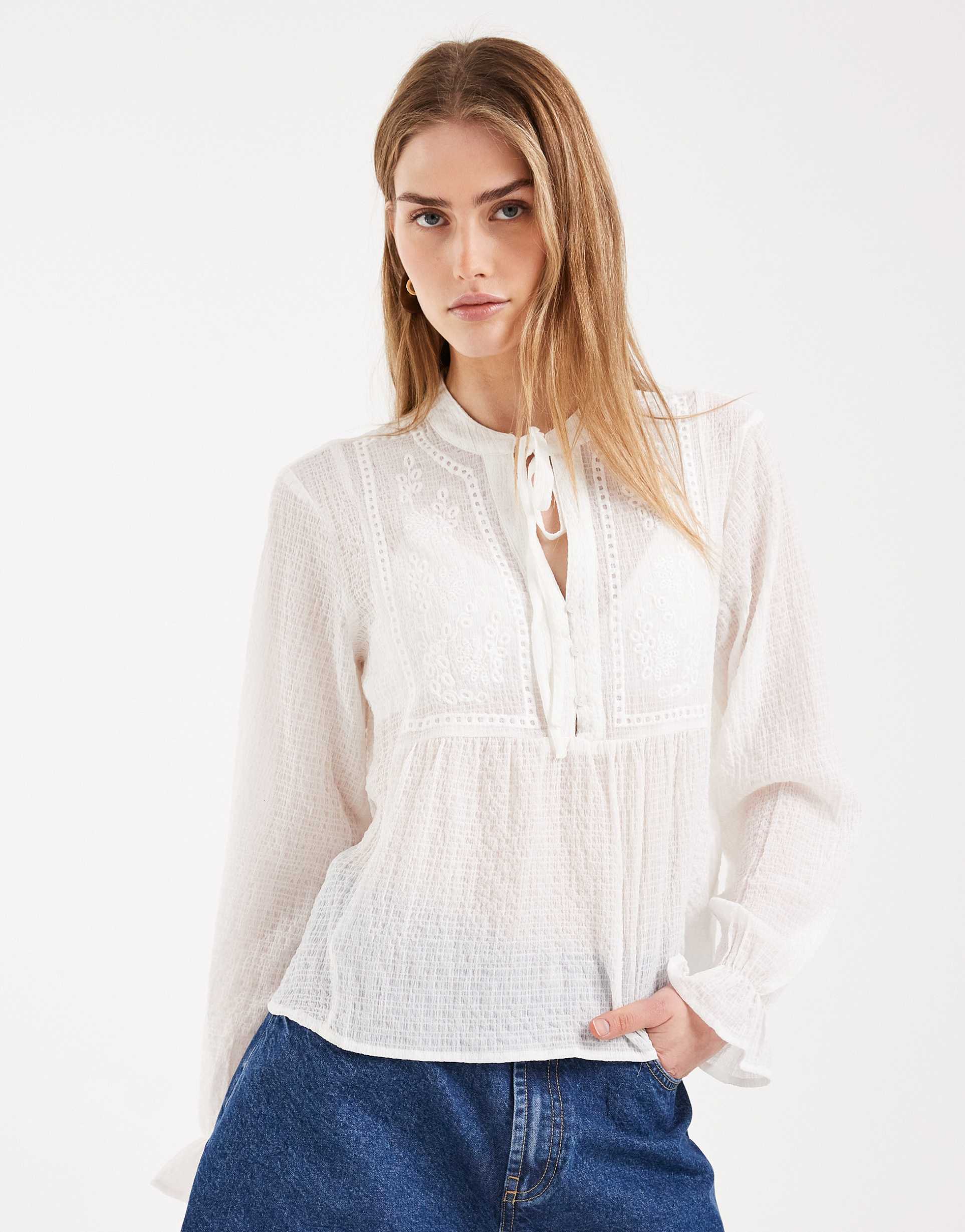 only tie neck lace detailing top in white