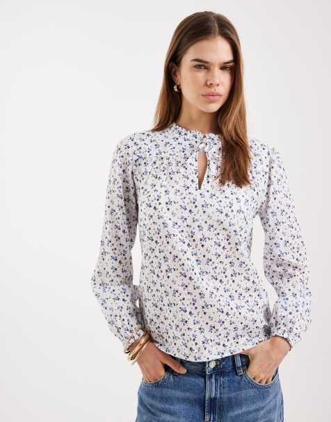 ONLY tie neck long sleeve top in white floral - view 1