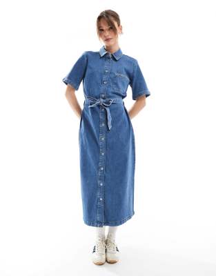 tie waist denim midi dress in mid wash blue