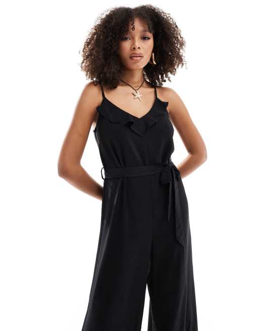 ONLY tie waist frill detail jumpsuit in black ASOS