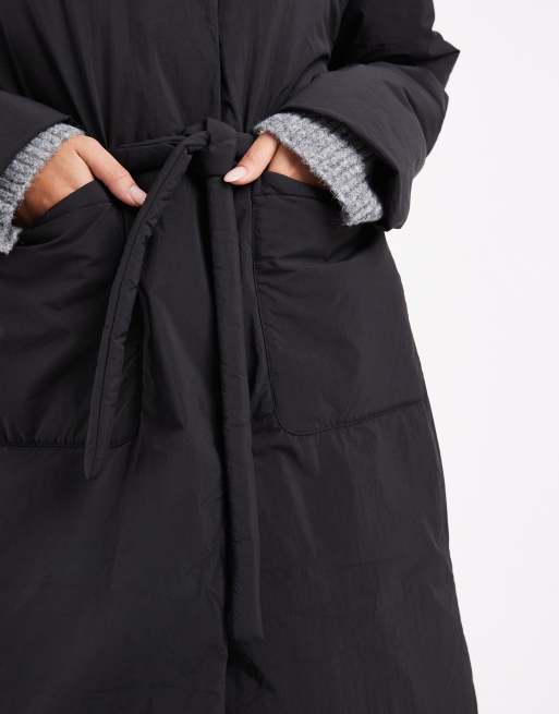 ONLY tie waist longline coat in black, 3 of 4