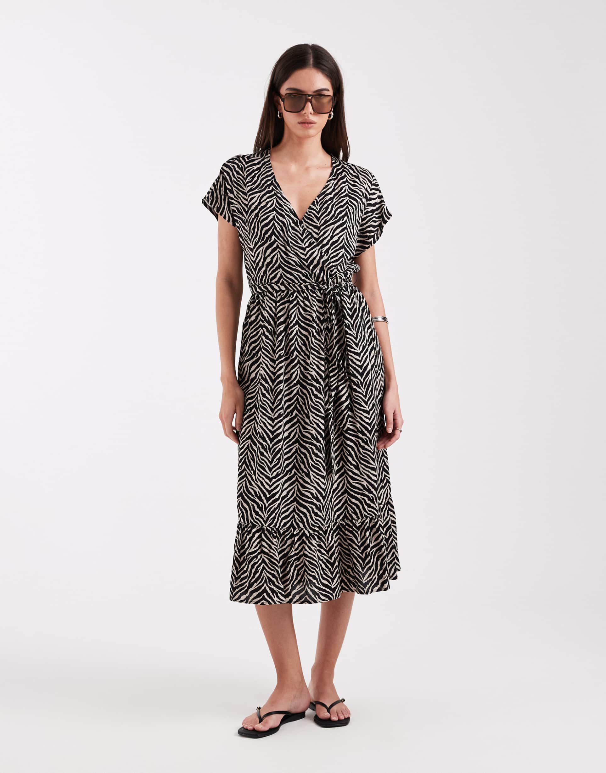 only tie waist midi dress in zebra print