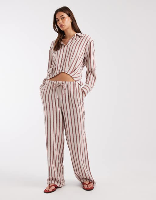 ONLY crop drop hem shirt & tie waist pants with linen set in beige and red stripe, 3 of 3