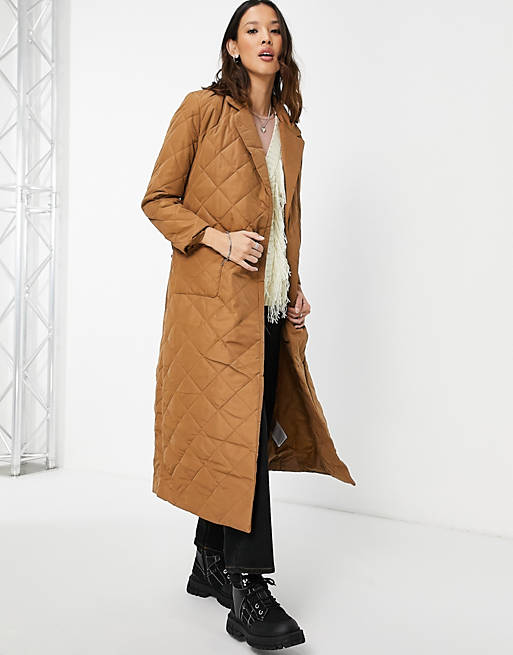 Only tie waist quilted coat in camel