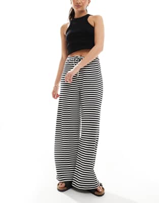 tie waist ribbed pants in black and white stripes