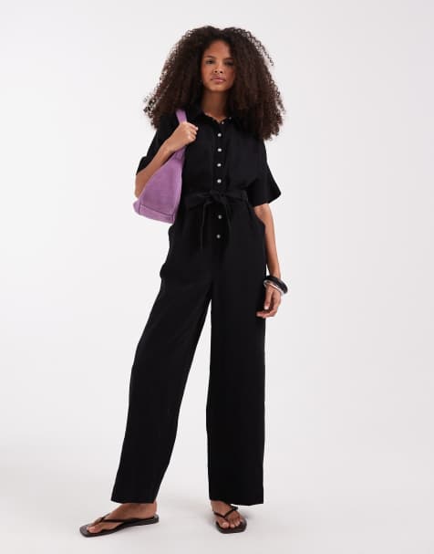 ONLY tie waist short sleeve jumpsuit in black - view 1