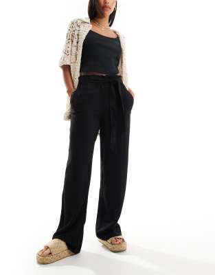 tie waist wide leg linen pants in black