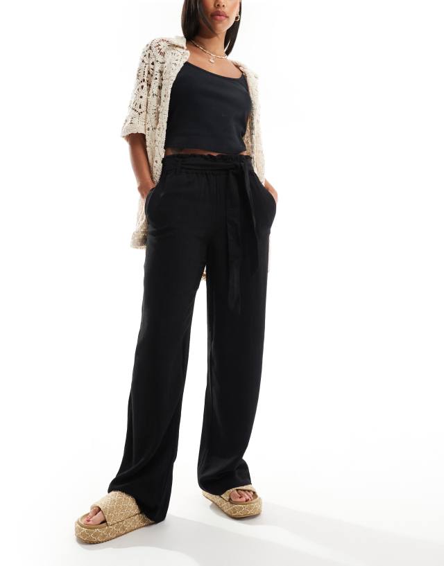 ONLY - tie waist wide leg linen trousers in black