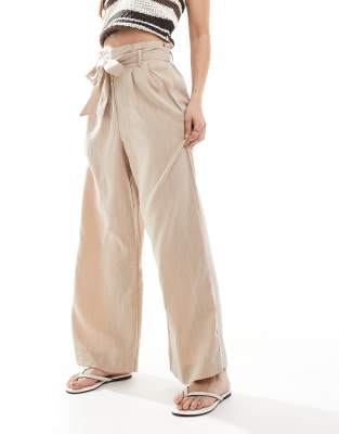 Shop Only Tie Waist Wide Leg Pants In Neutral