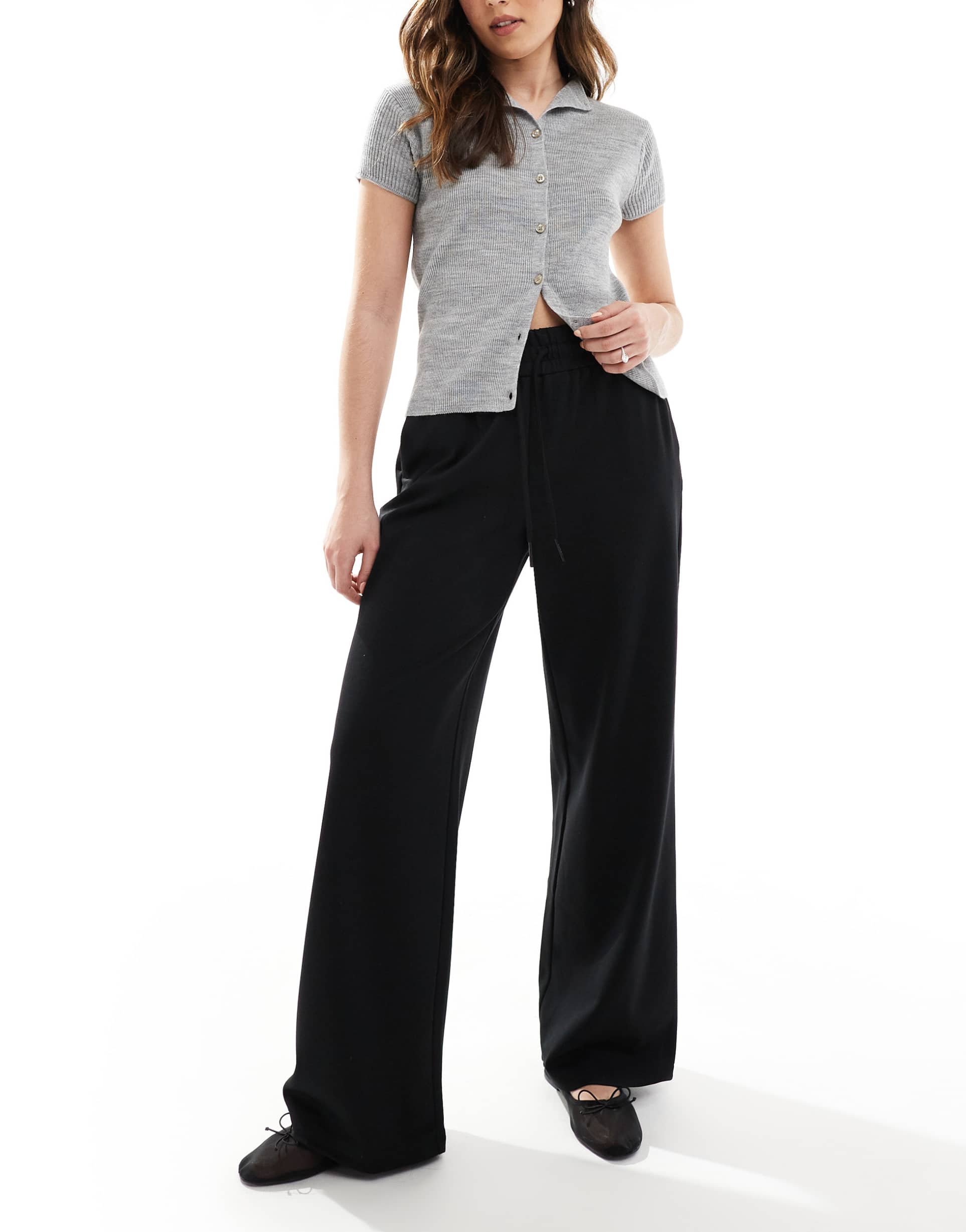only tie waist wide leg pants in black