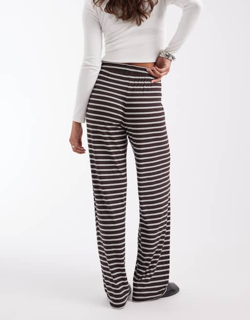 ONLY tie waist wide leg pants in chocolate stripe, 4 of 5