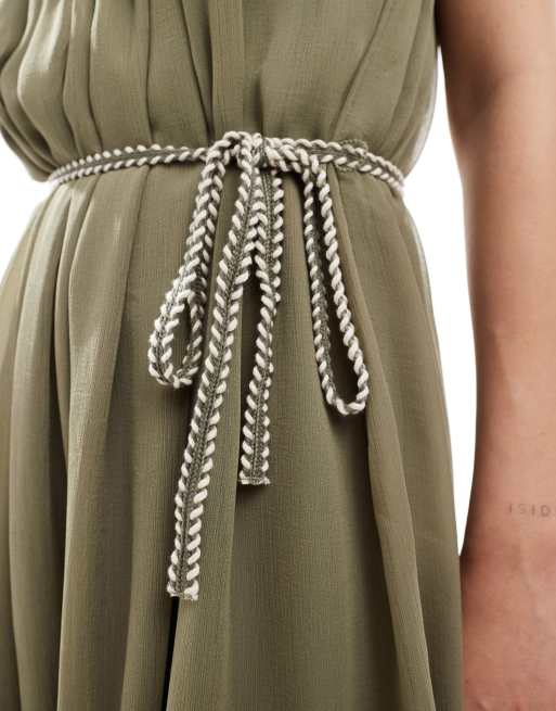 ONLY tiered cami mini dress with tie waist detail in khaki, 2 of 4