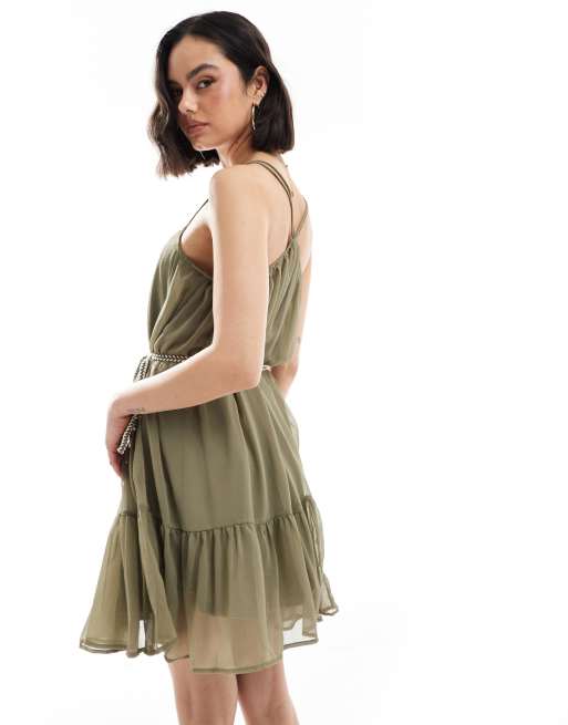 ONLY tiered cami mini dress with tie waist detail in khaki, 4 of 4