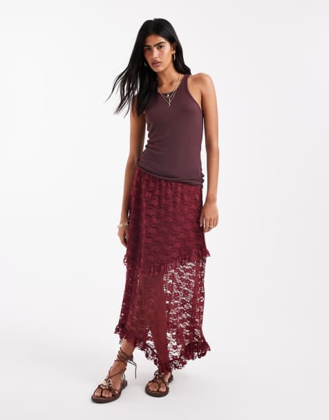 ONLY tiered lace maxi skirt in burgundy - view 1