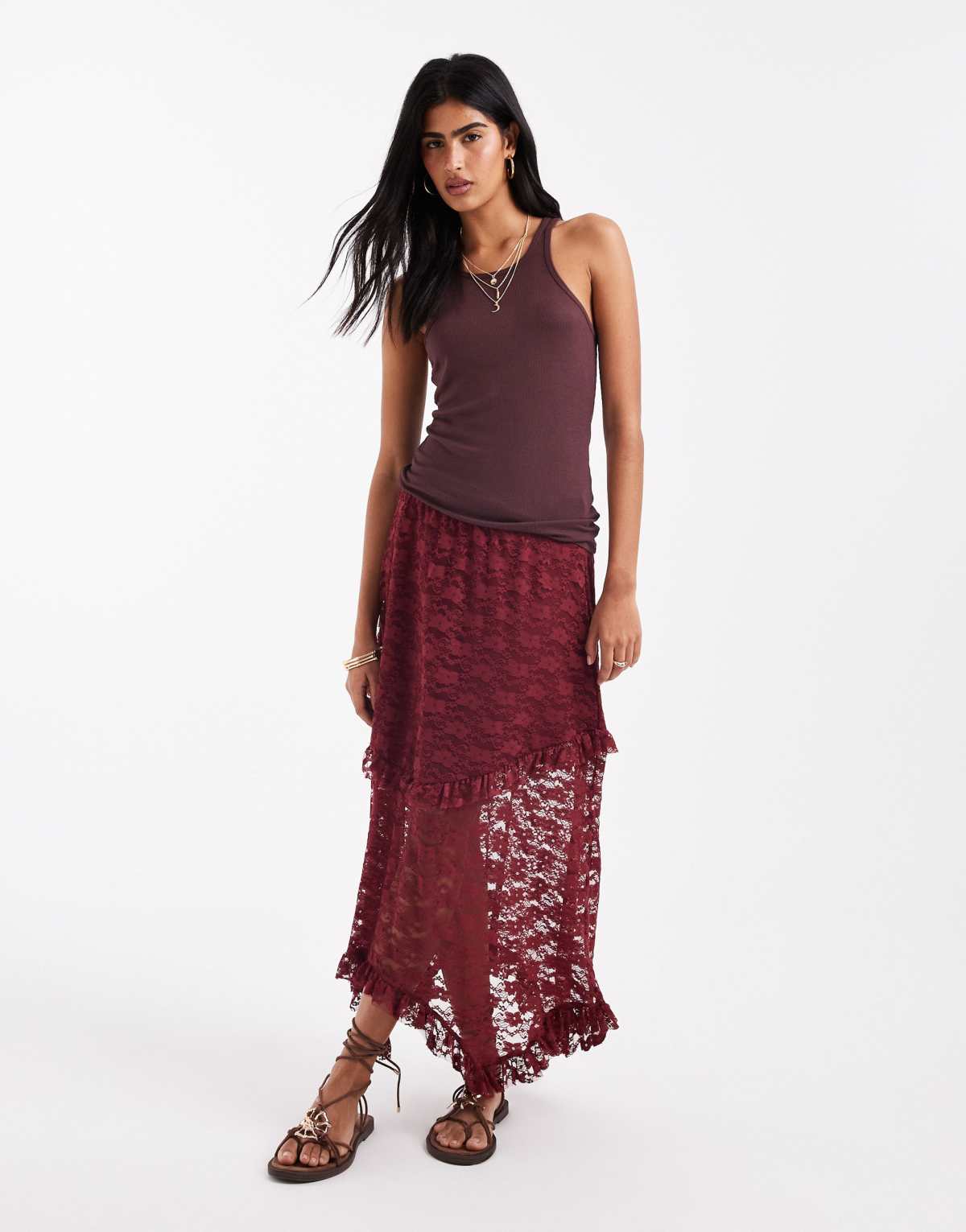 ONLY tiered lace maxi skirt in burgundy