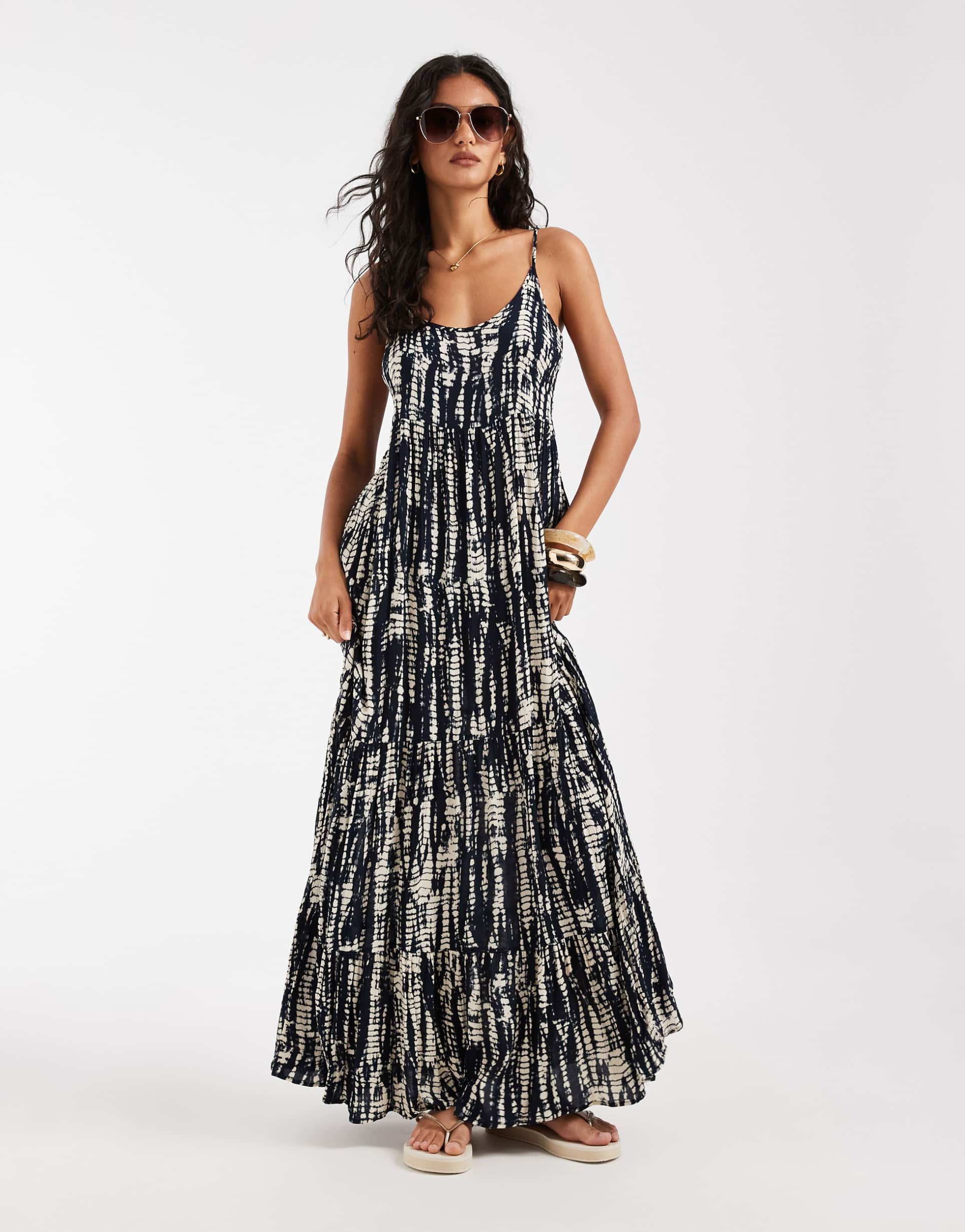 only tiered maxi dress in navy abstract print