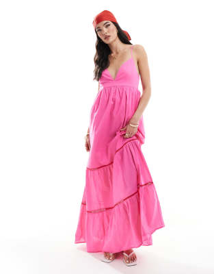 tiered maxi dress with contrast lace in pink