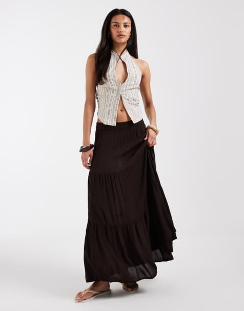 ONLY tiered maxi skirt in brown - view 1
