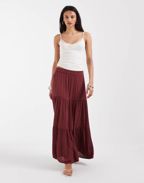 ONLY tiered maxi skirt in dark red - view 1
