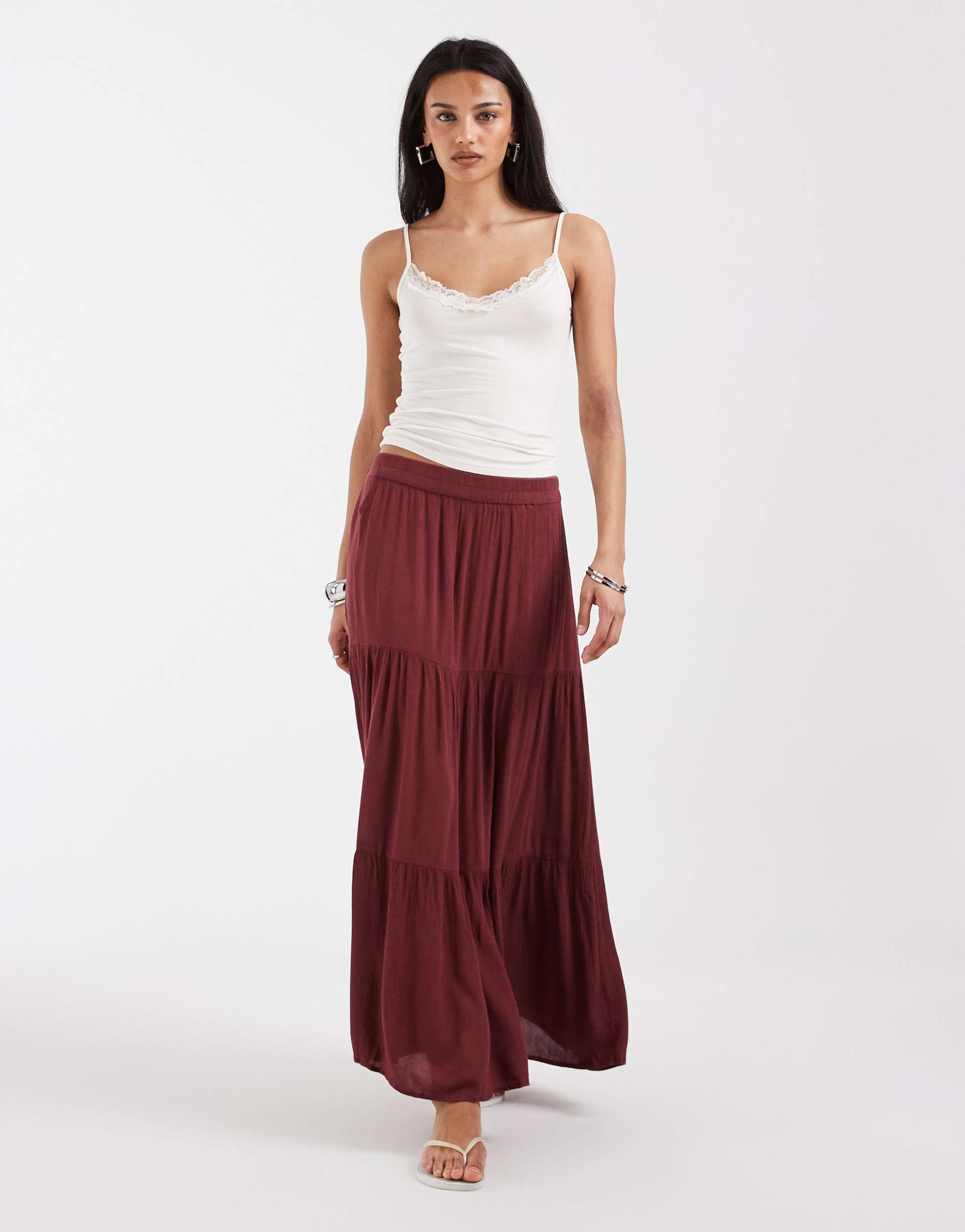 only tiered maxi skirt in dark red