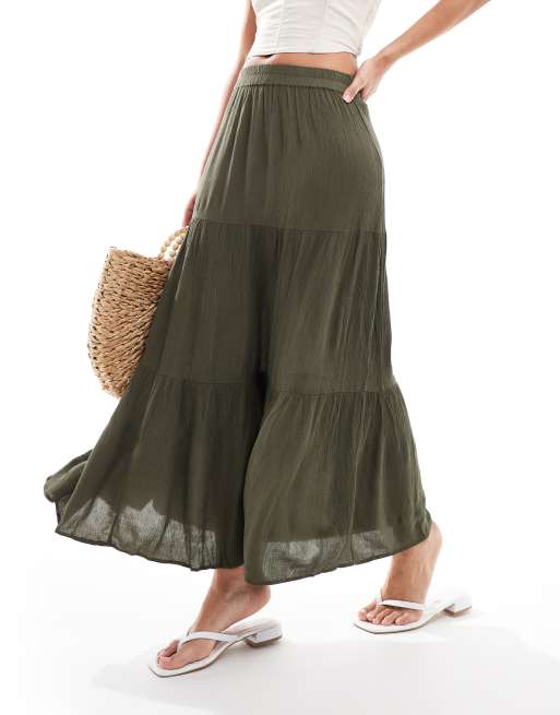 Khaki tiered maxi skirt best sale