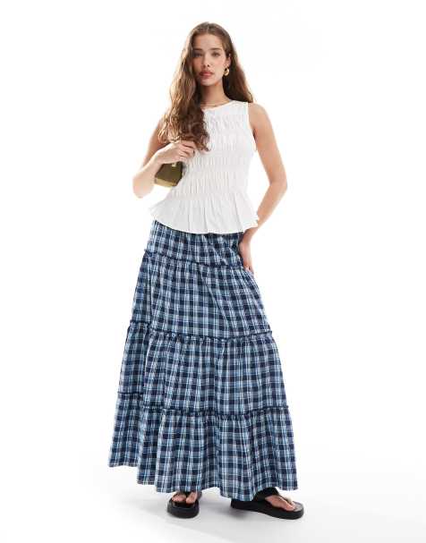 ONLY tiered maxi skirt in navy checks - view 1
