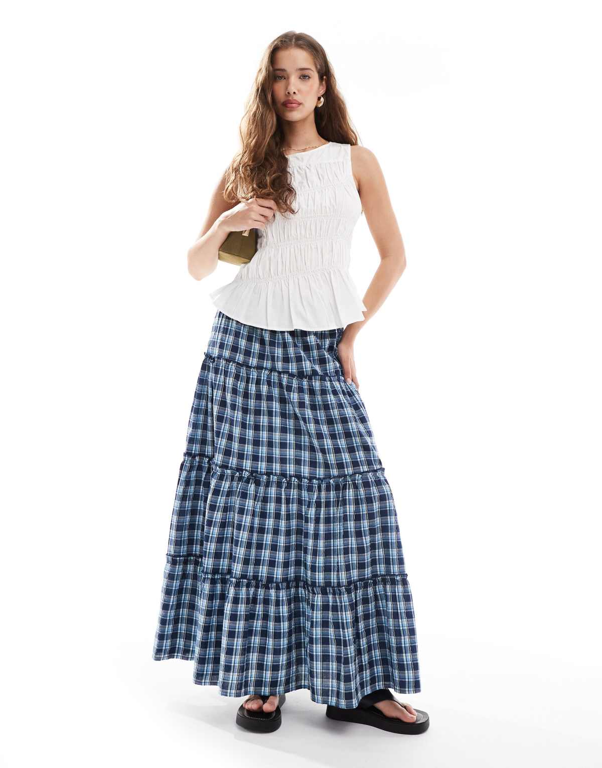 ONLY tiered maxi skirt in navy checks