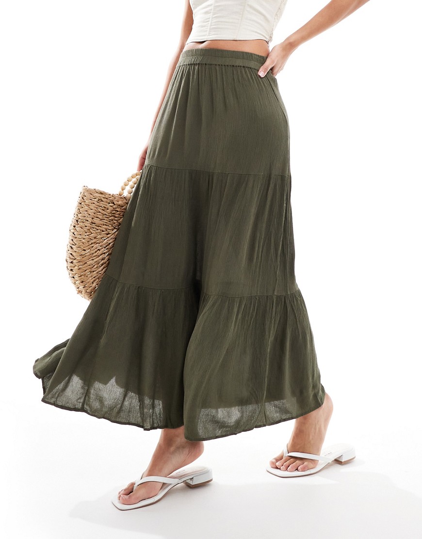 Only Tiered Maxi Skirt In Olive-green