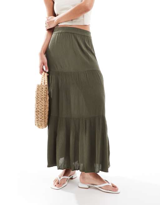 ONLY tiered maxi skirt in olive , 3 of 5