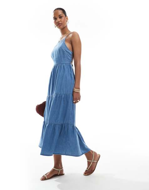 ONLY tiered midaxi cami dress with open back in blue chambray - view 1